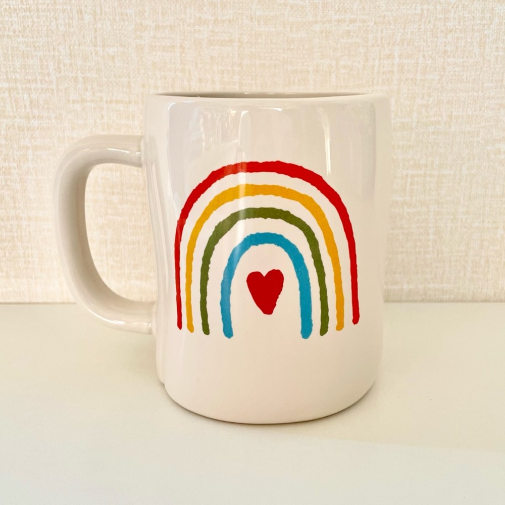 Rae Dunn Ceramic Mug, White with Primary Color Rainbow, Spread Joy Print Graphic